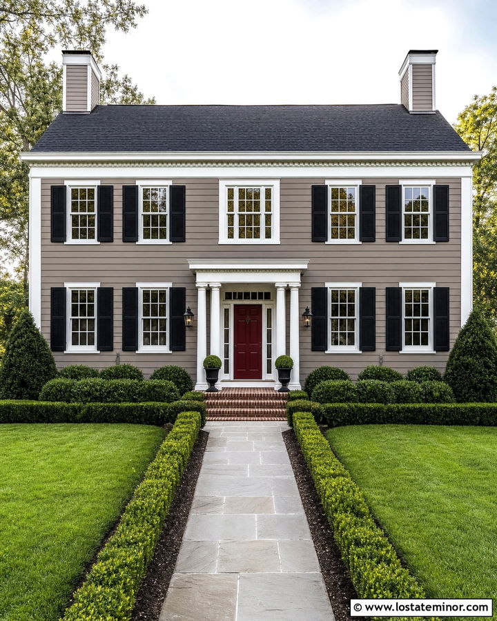 Taupe Colonial House With White Trim - 30 Taupe House Design With Trim Ideas