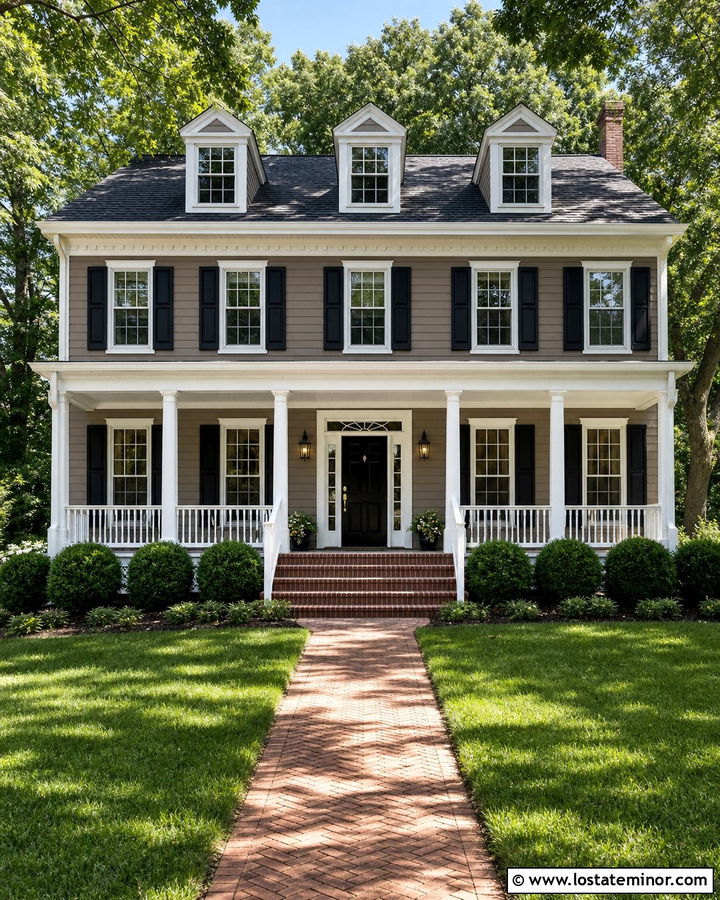 Taupe Colonial House With White Wood Railings - 30 Taupe House Design With Railings Ideas