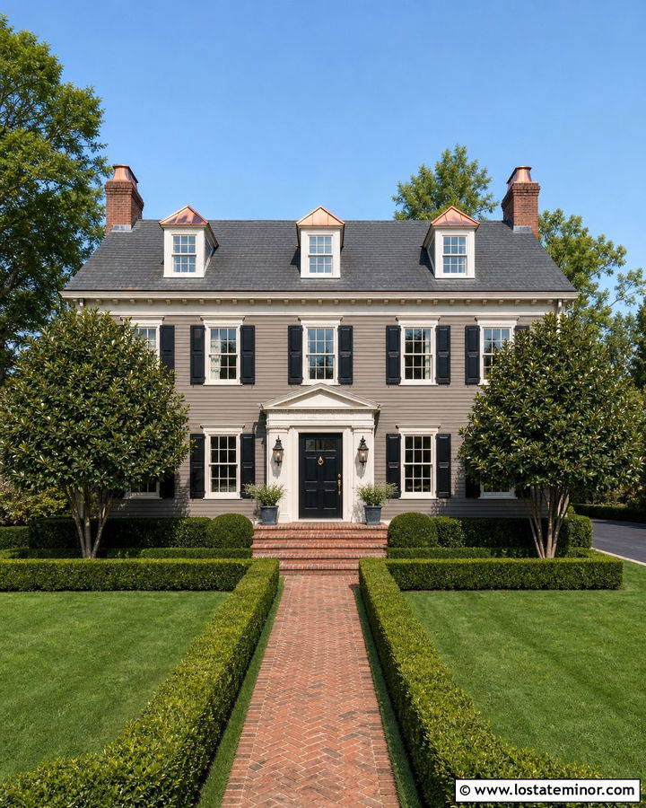 Taupe Colonial With Copper Roof Dormers - 30 Taupe House Design With Dormers Ideas