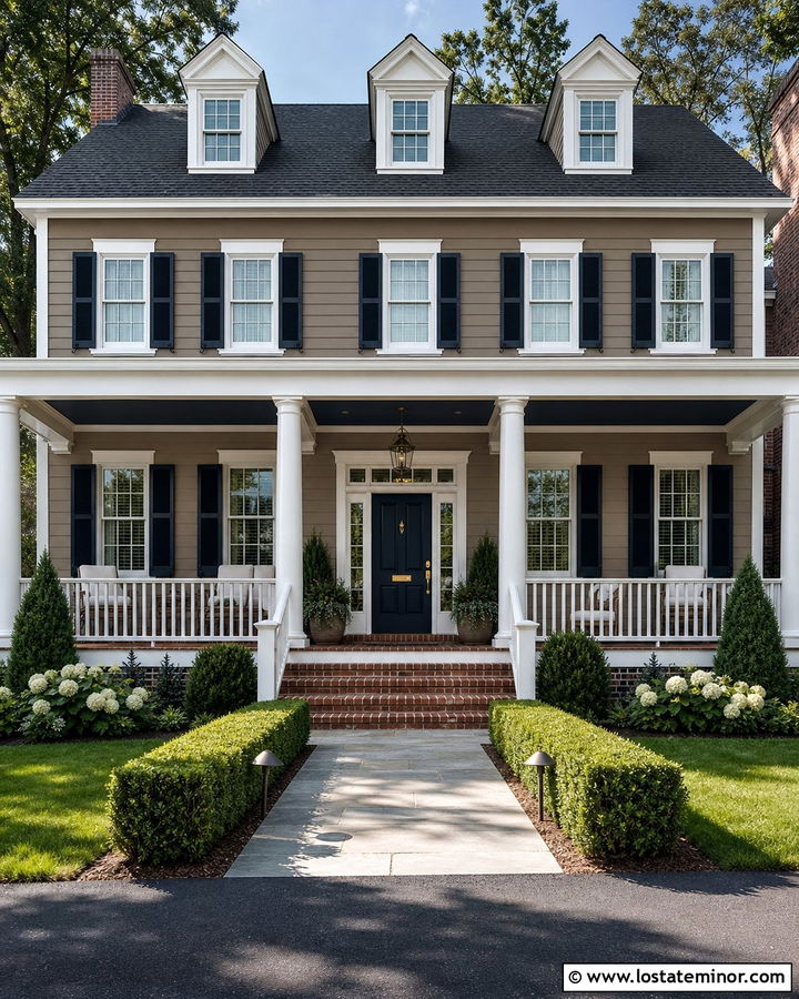 Taupe Colonial With Navy Porch Ceiling - 30 Taupe House Design With Porch Ceiling Ideas