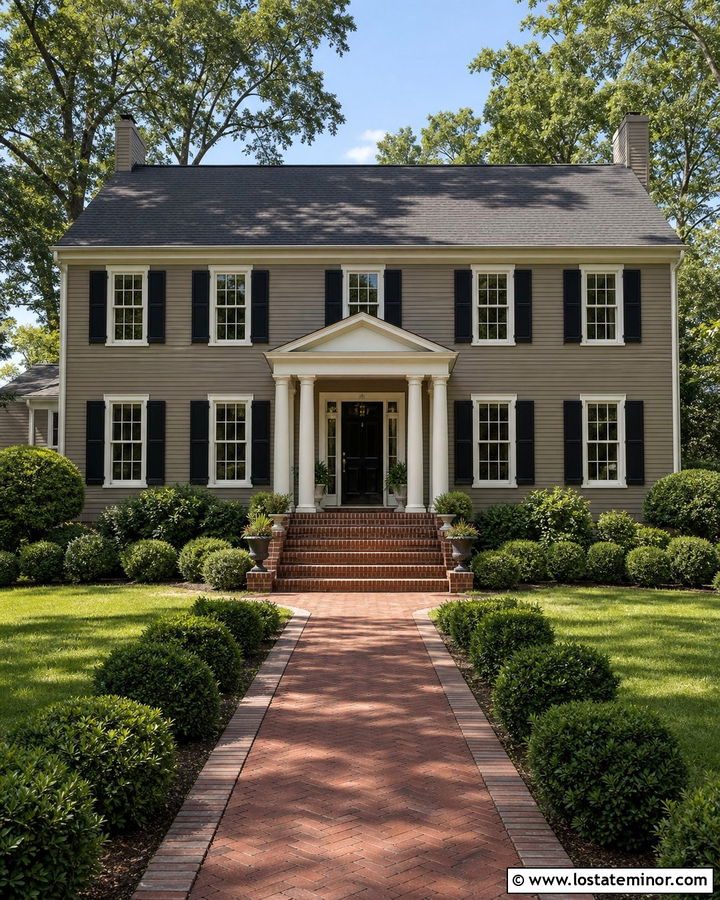Taupe Colonial With Red Brick Steps - 30 Taupe House Design With Steps Ideas