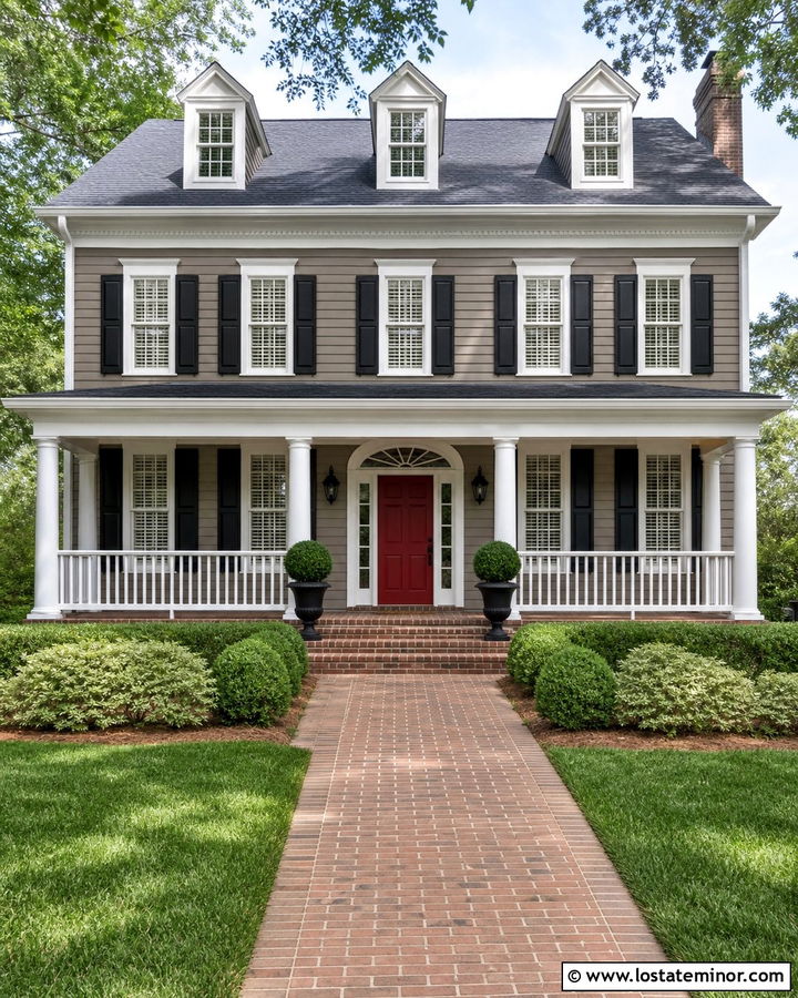 Taupe Colonial With Red Front Door And Porch - 30 Taupe House Design With Front Porch Ideas
