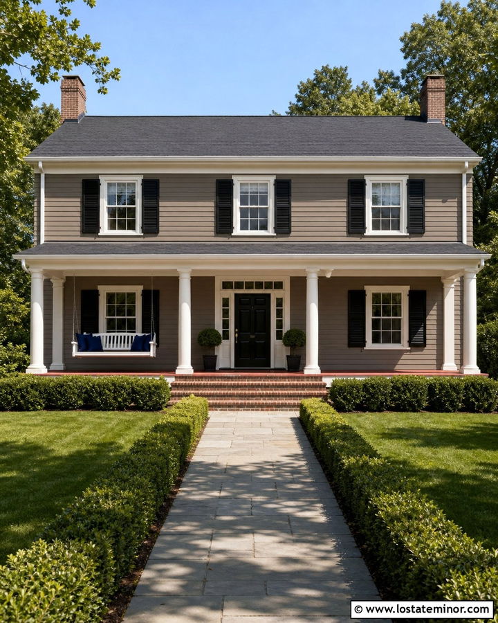 Taupe Colonial With Traditional Porch Swing - 30 Taupe House Design With Swing Ideas