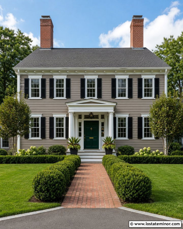 Taupe Colonial With Twin Brick Chimneys - 30 Taupe House Design With Chimney Ideas