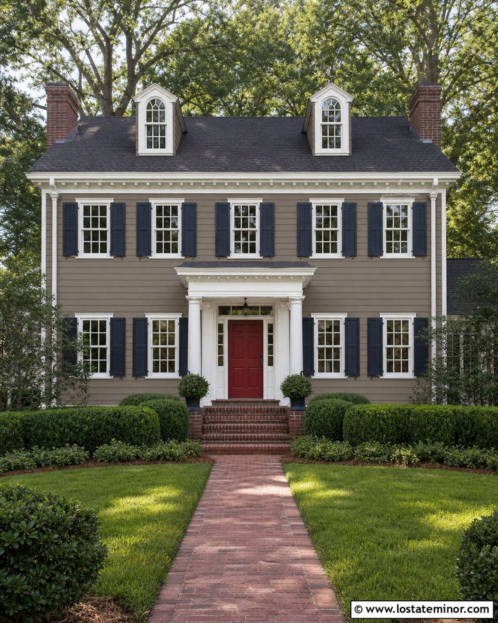 Taupe Colonial With White Window Frames - 30 Taupe House Design With Window Frames Ideas