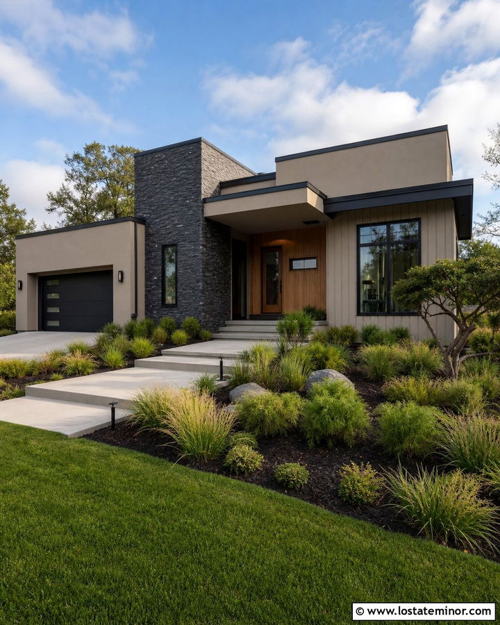 Taupe Contemporary House With Black Stone - 30 Taupe House Design With Stone Accents Ideas