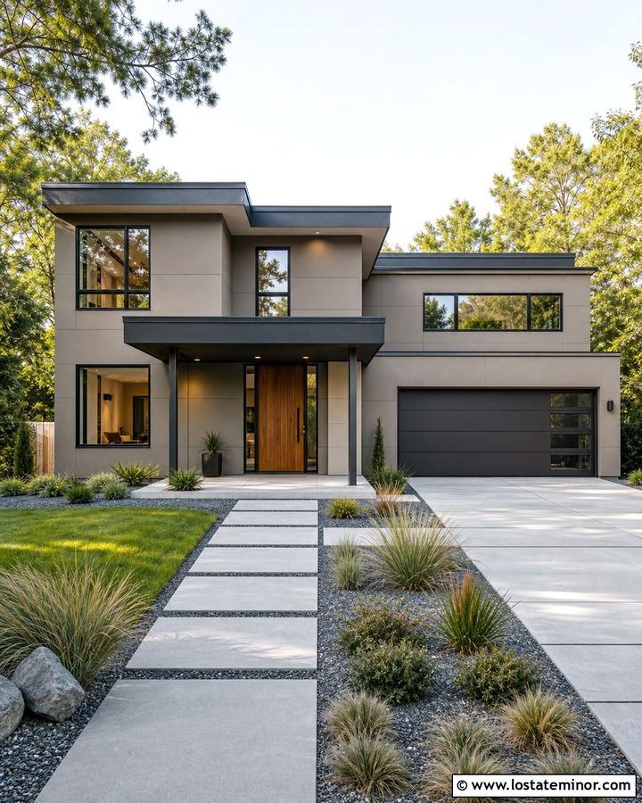 Taupe Contemporary House With Flat Portico - 30 Taupe House Design With Portico Ideas