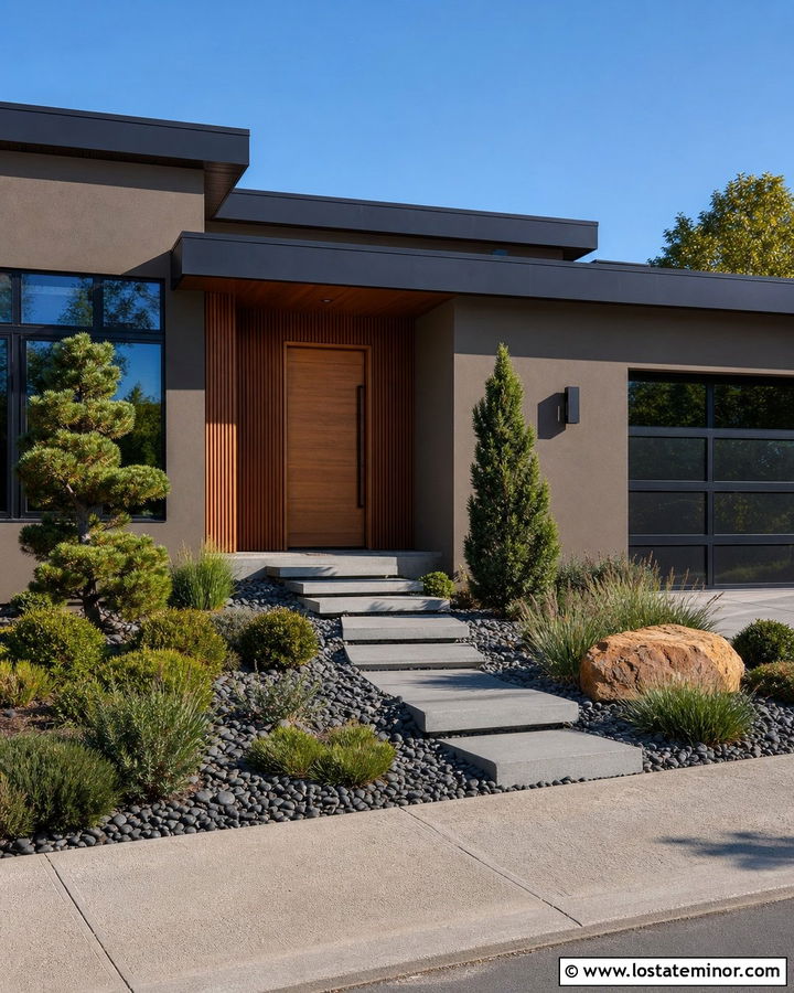 Taupe Contemporary House With Floating Concrete Steps - 30 Taupe House Design With Walkway Ideas