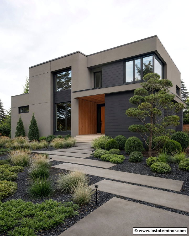 Taupe Contemporary House With Geometric Landscaping - 30 Taupe House Design With Front Yard Ideas