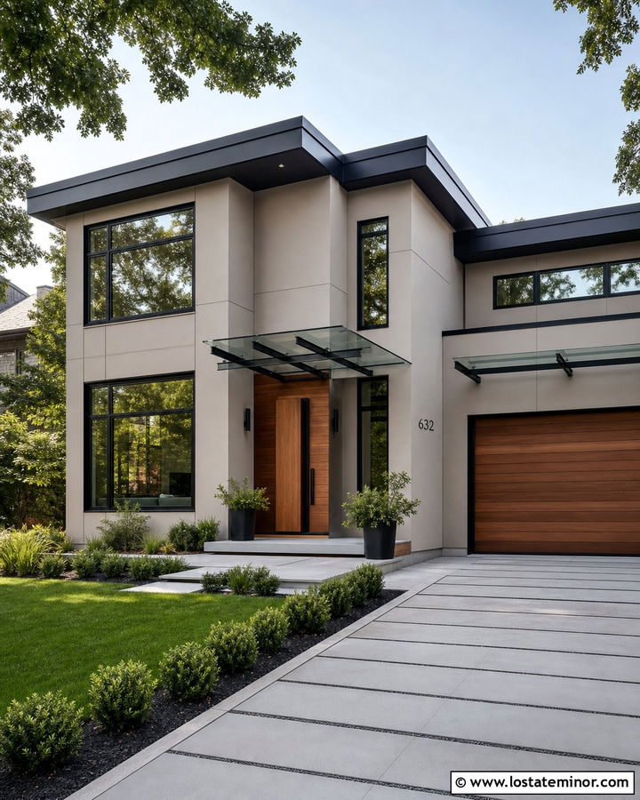Taupe Contemporary House With Glass Awnings - 30 Taupe House Design With Awning Ideas