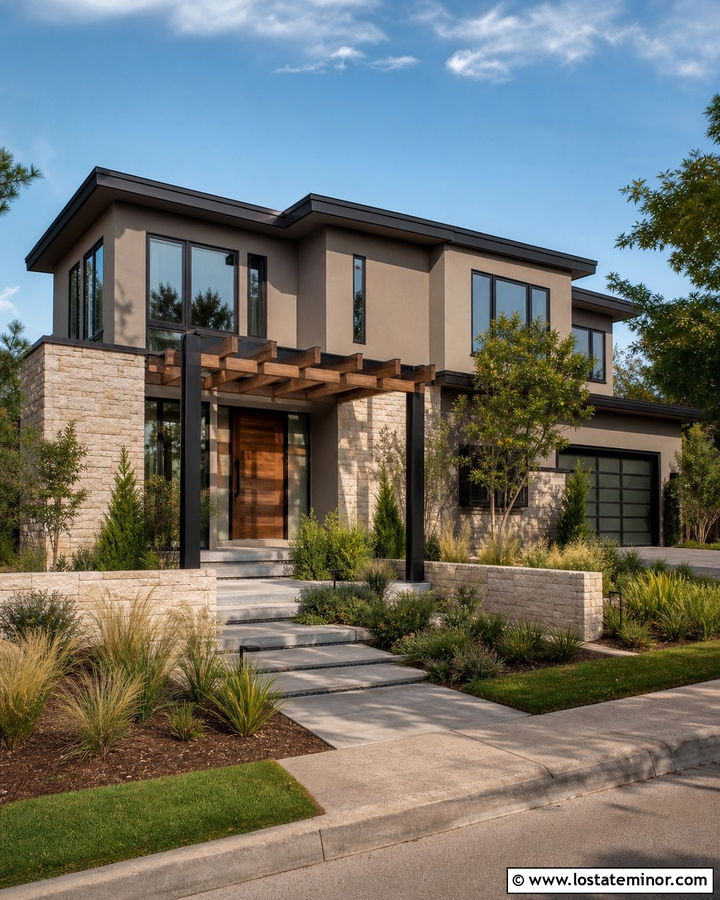 Taupe Contemporary House With Mixed Material Pergola - 30 Taupe House Design With Pergola Ideas