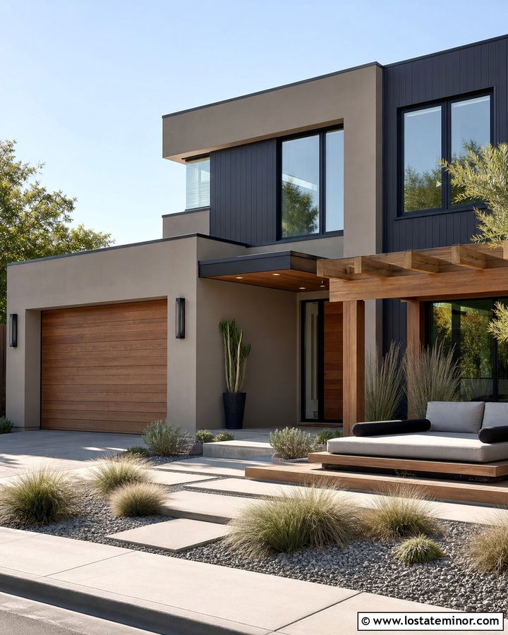 Taupe Contemporary House With Pergola Daybed - 30 Taupe House Design With Daybed Ideas