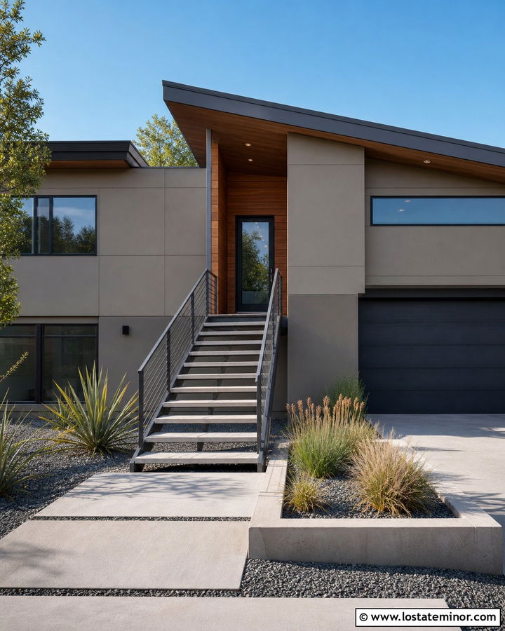 Taupe Contemporary House With Steel Steps - 30 Taupe House Design With Steps Ideas