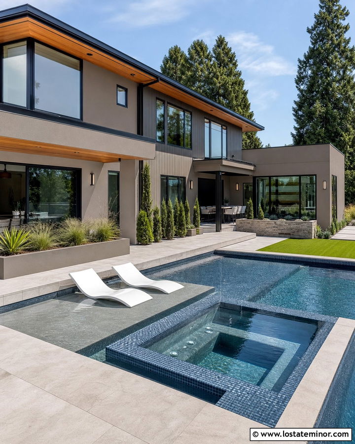 Taupe Contemporary House With Sun Shelf Pool - 30 Taupe House Design With Swimming Pool Ideas