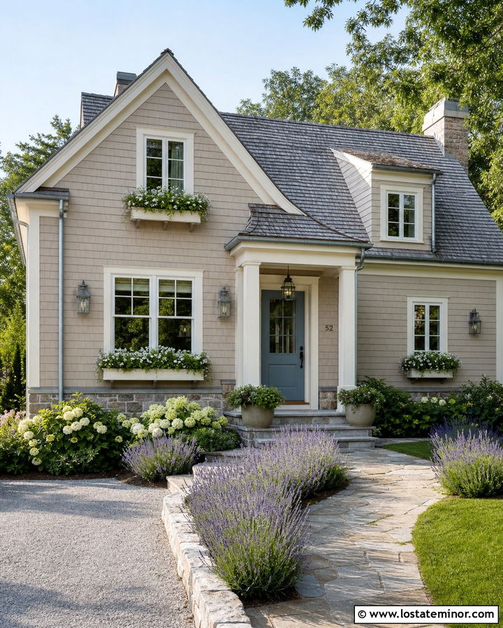 Taupe Cottage House With Aged Zinc Lanterns - 30 Taupe House Design With Light Fixtures Ideas
