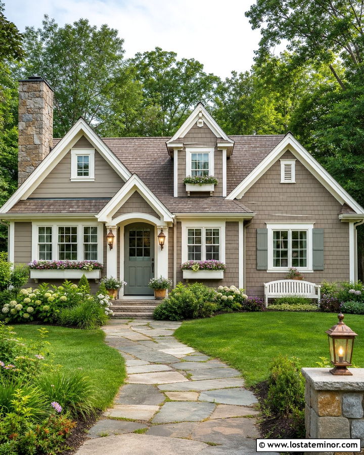 Taupe Cottage House With Copper Lanterns - 30 Taupe House Design With Light Fixtures Ideas