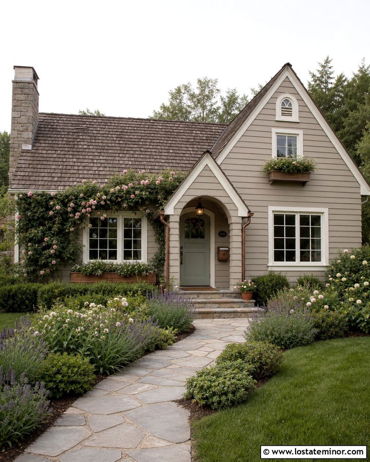 Taupe Cottage House With Copper Mailbox - 30 Taupe House Design With Mailbox Ideas