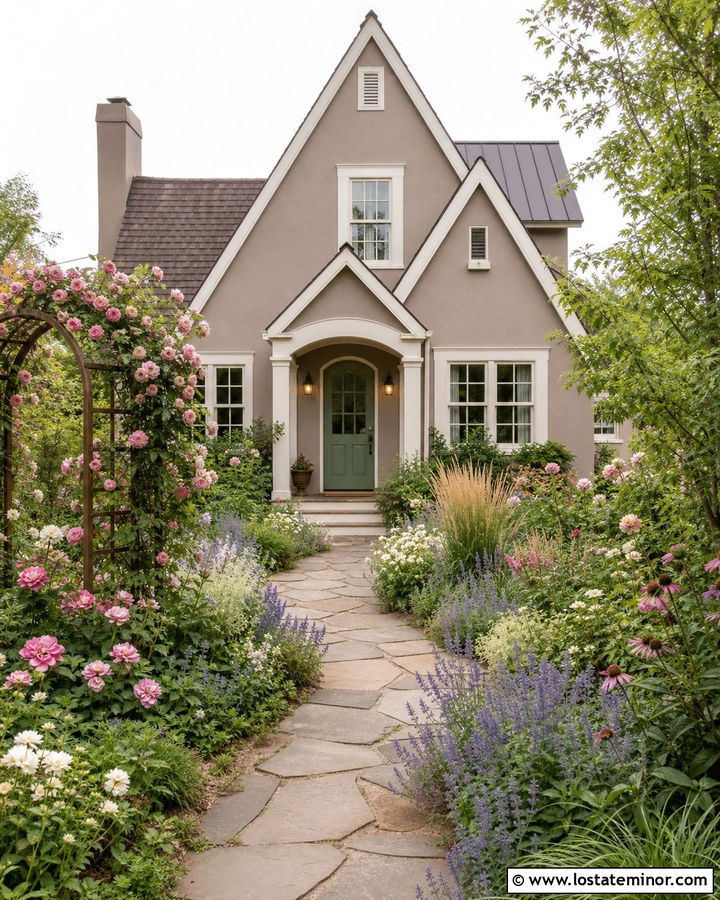 Taupe Cottage House With English Garden - 30 Taupe House Design With Front Yard Ideas