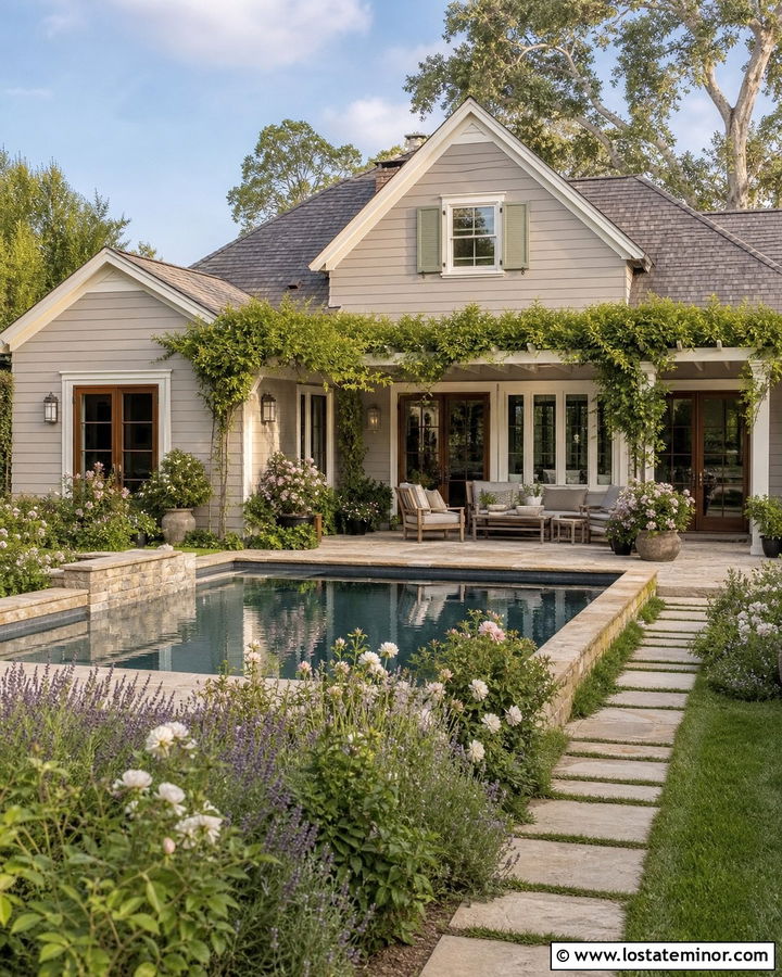 Taupe Cottage House With Garden Pool - 30 Taupe House Design With Swimming Pool Ideas