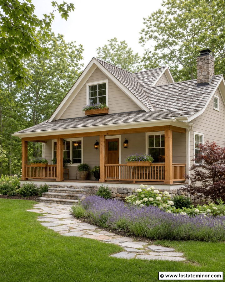 Taupe Cottage House With Natural Wood Railings - 30 Taupe House Design With Railings Ideas