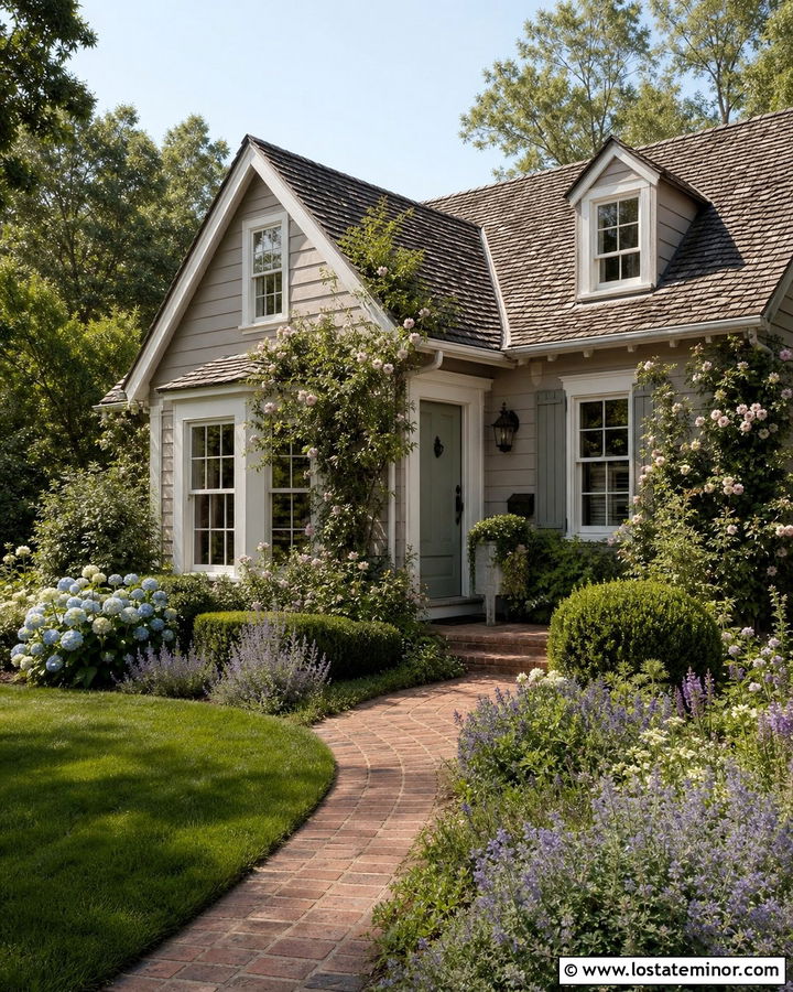 Taupe Cottage House With Reclaimed Brick Walkway - 30 Taupe House Design With Walkway Ideas