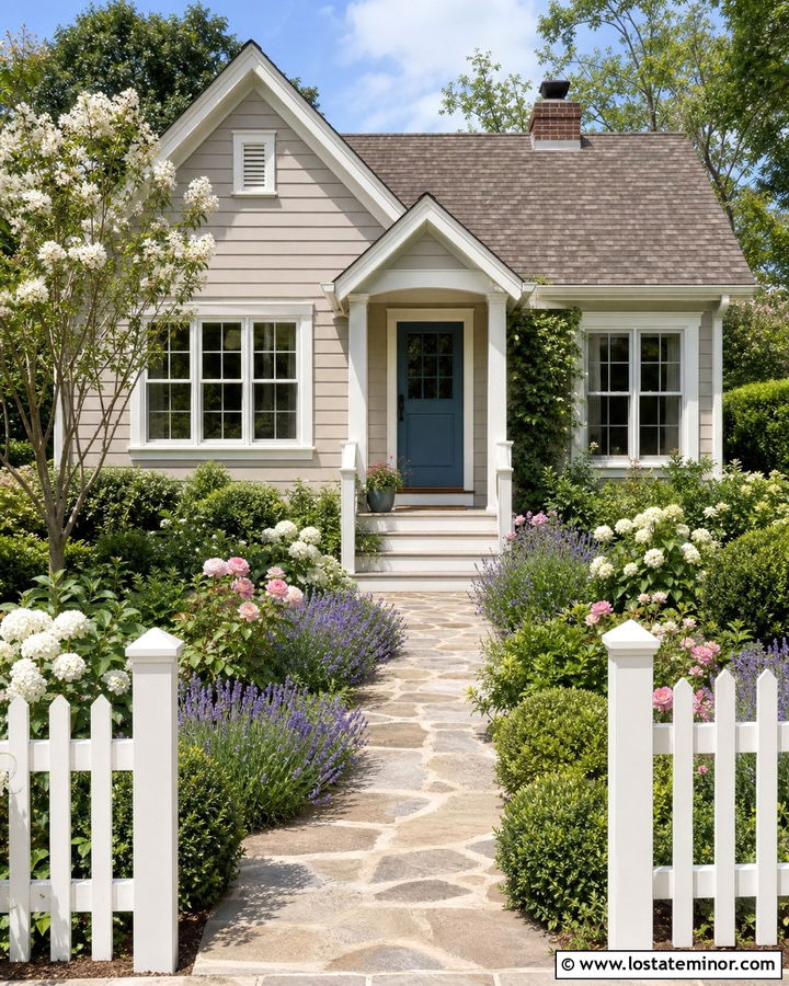 Taupe Cottage House With White Picket Fence - 30 Taupe House Design With Front Yard Ideas