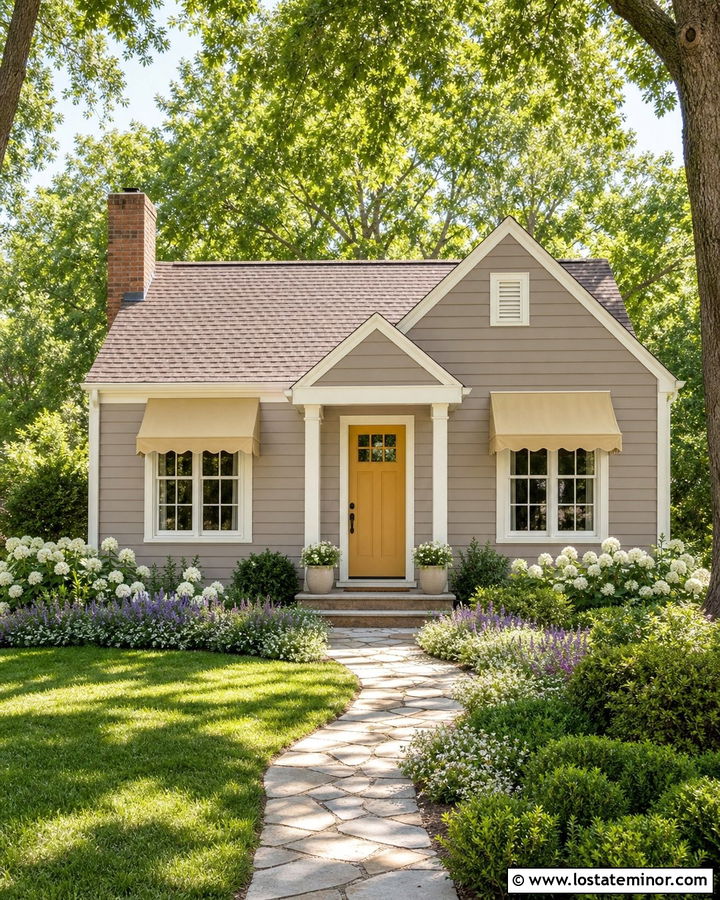 Taupe Cottage House With Yellow Awnings - 30 Taupe House Design With Awning Ideas