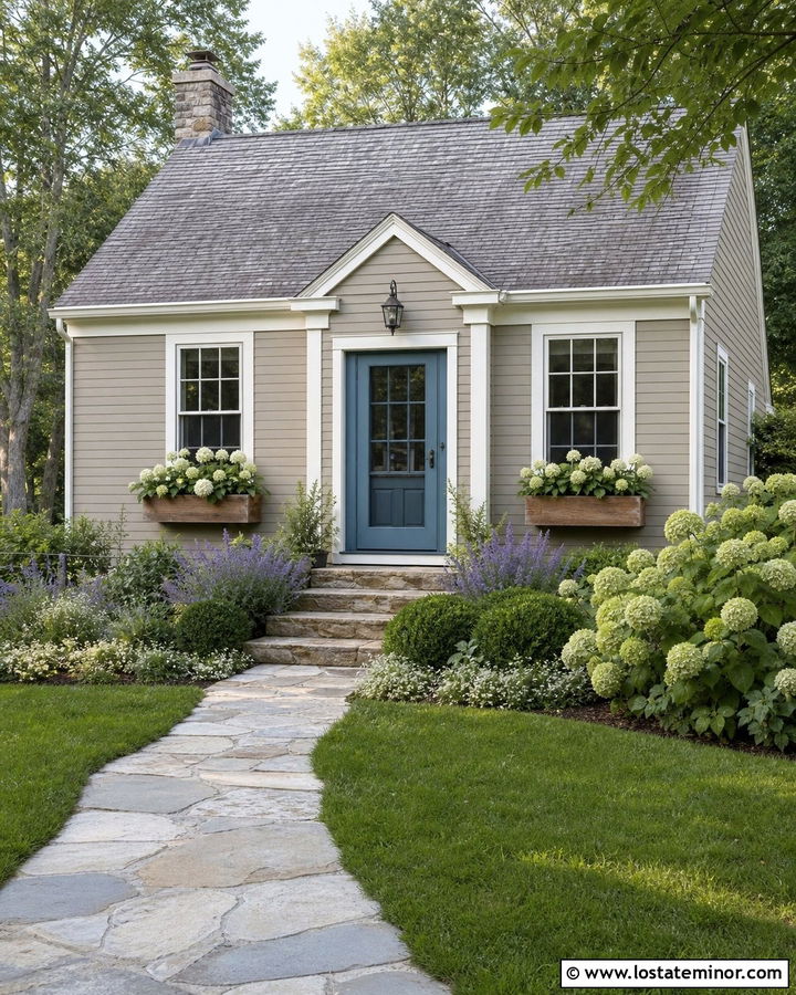 Taupe Cottage With Blue Storm Door - 30 Taupe House Design With Storm Door Ideas