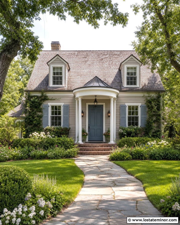 Taupe Cottage With Curved Portico - 30 Taupe House Design With Portico Ideas