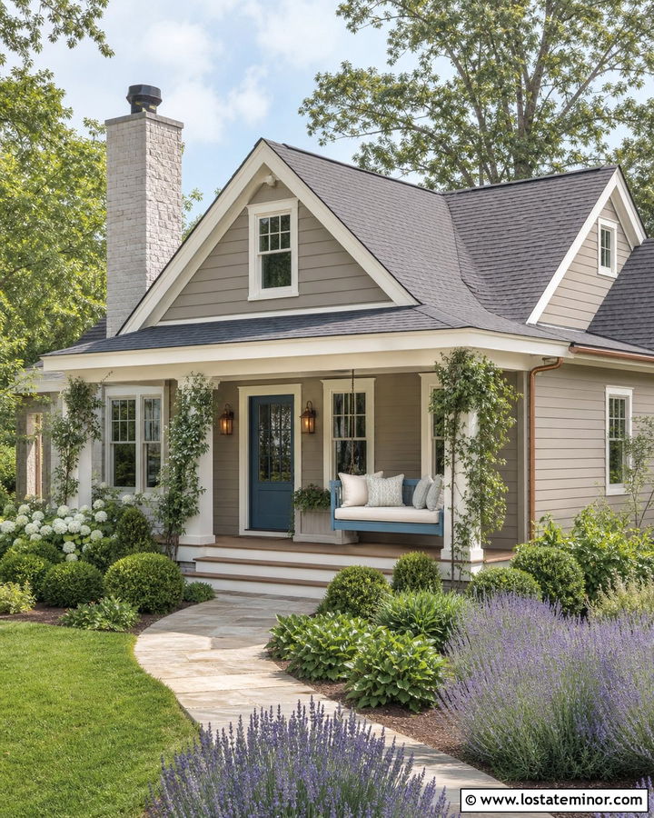 Taupe Cottage With Dusty Blue Porch Swing - 30 Taupe House Design With Swing Ideas