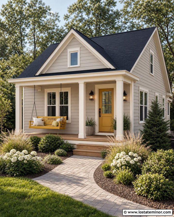 Taupe Cottage With Mustard Yellow Swing - 30 Taupe House Design With Swing Ideas