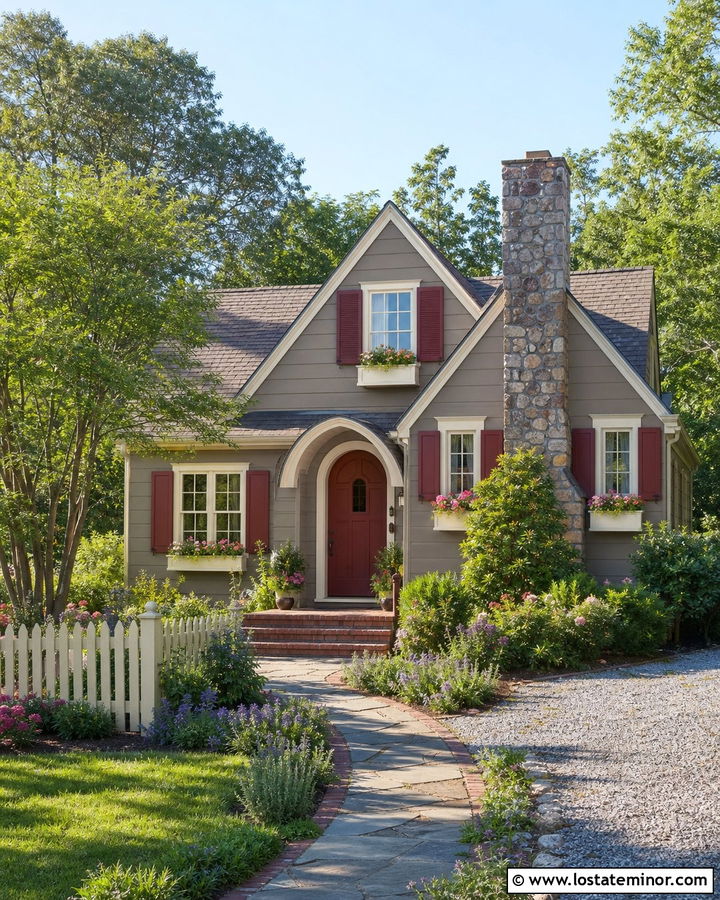 Taupe Cottage With Red Shutters - 30 Taupe House Design With Shutters Ideas