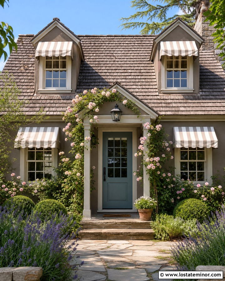 Taupe Cottage With Scalloped Canvas Awnings - 30 Taupe House Design With Awning Ideas