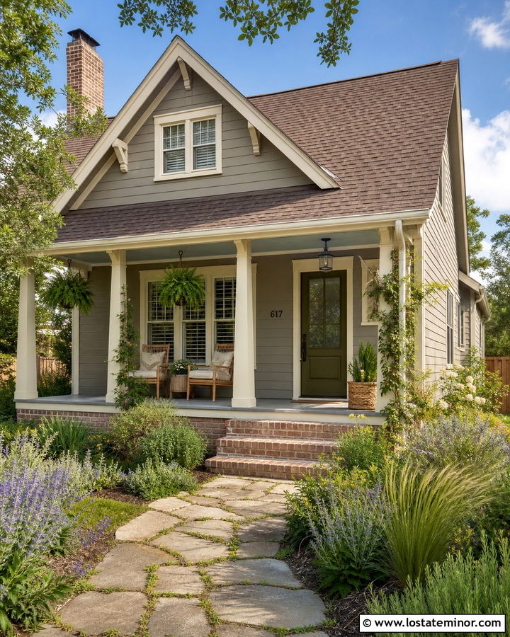 Taupe Cottage With Soft Green Porch Ceiling - 30 Taupe House Design With Porch Ceiling Ideas