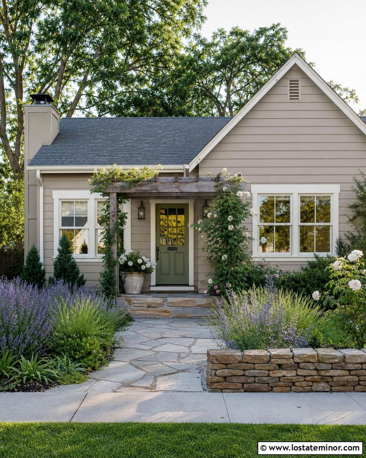 Taupe Cottage With Vine Covered Pergola - 30 Taupe House Design With Pergola Ideas