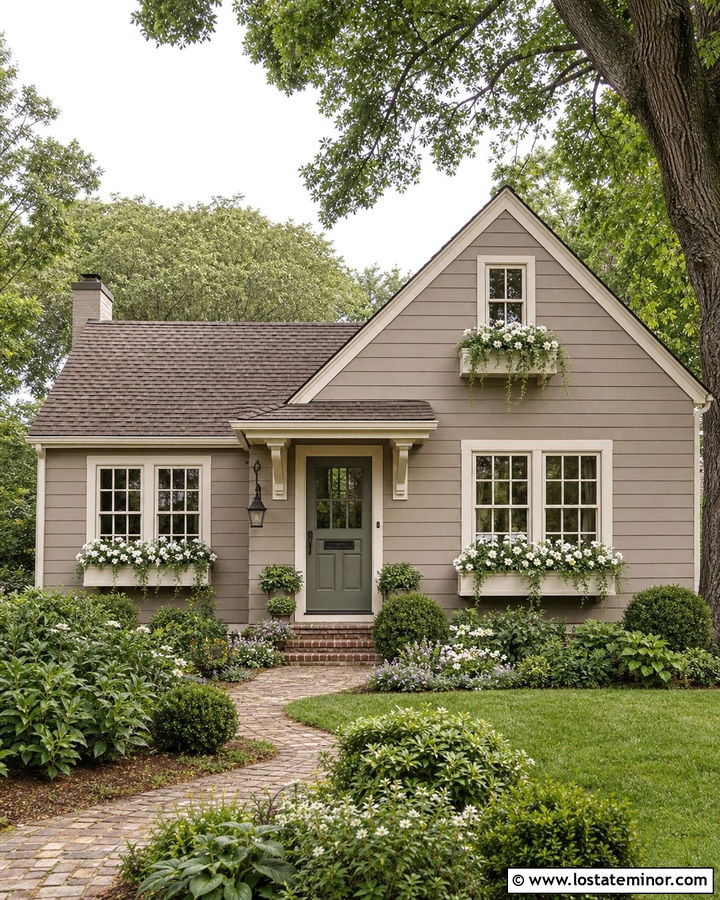 Taupe Cottage With White Flower Window Boxes - 30 Taupe House Design With Window Boxes Ideas
