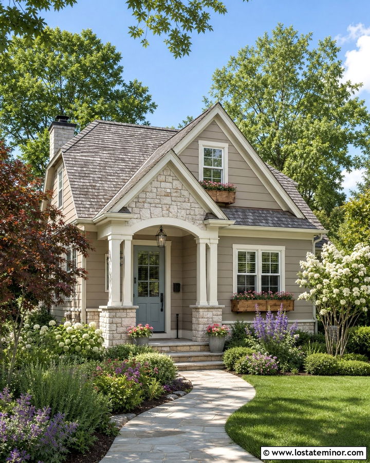 Taupe Cottage With White Stone - 30 Taupe House Design With Stone Accents Ideas