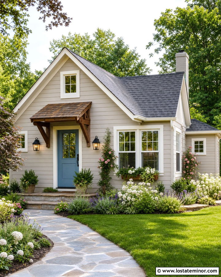 Taupe Cottage With White Trim And Lanterns - 30 Taupe House Design With Lighting Ideas