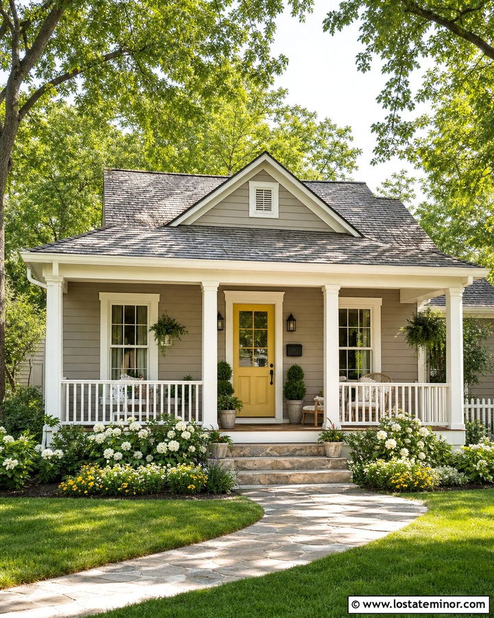 Taupe Cottage With Yellow Door And Porch - 30 Taupe House Design With Front Porch Ideas