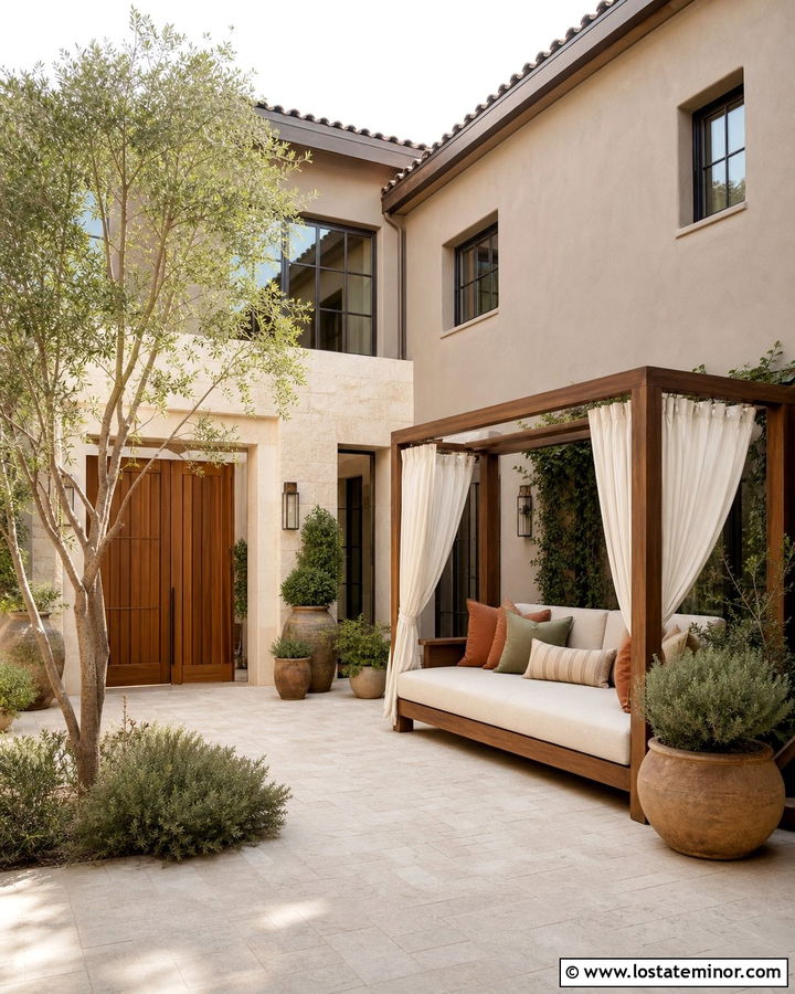 Taupe Courtyard House With Canopy Daybed - 30 Taupe House Design With Daybed Ideas