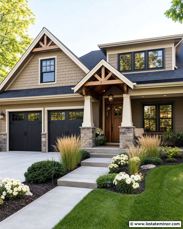 Taupe Craftsman House With Black Gable Windows - 30 Taupe House Design With Gables Ideas