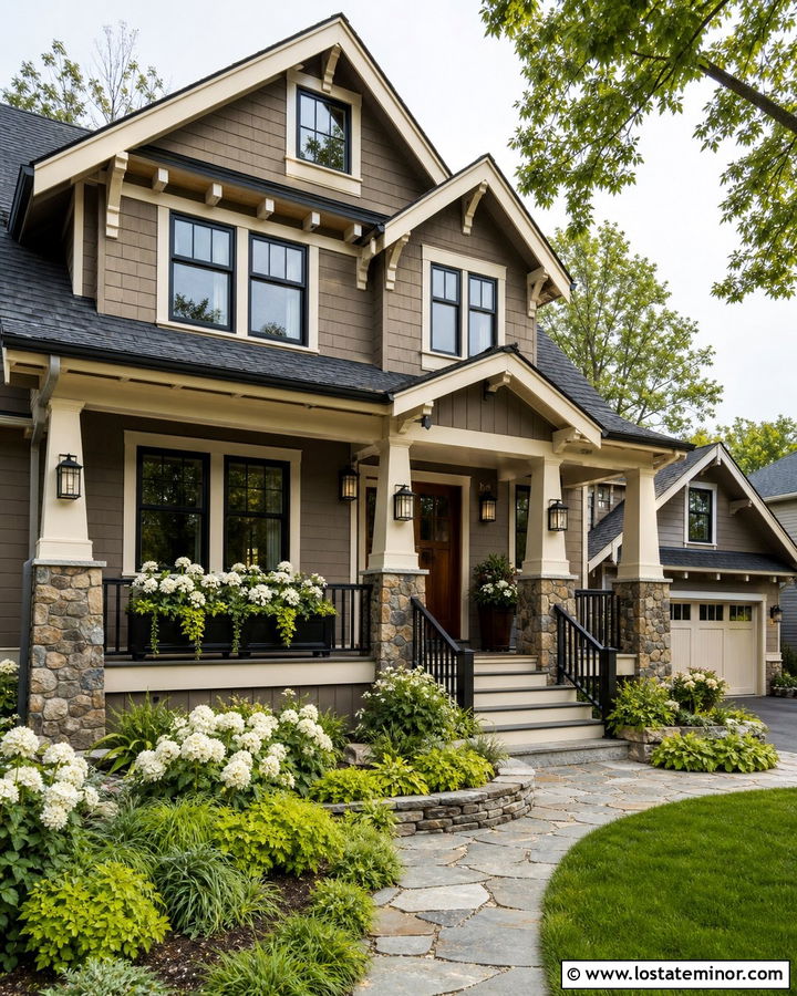 Taupe Craftsman House With Black Window Boxes - 30 Taupe House Design With Window Boxes Ideas