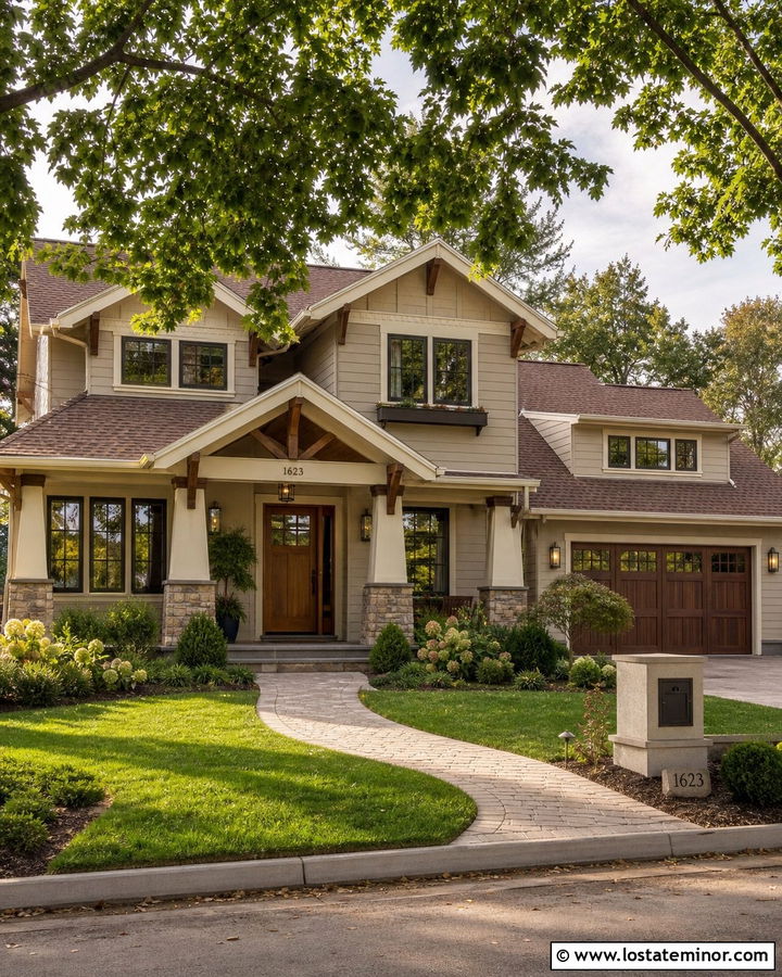 Taupe Craftsman House With Brass Sconces - 30 Taupe House Design With Light Fixtures Ideas