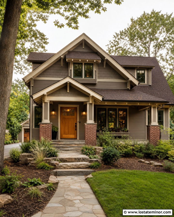 Taupe Craftsman House With Brick - 30 Taupe House Design With Brick Accents Ideas