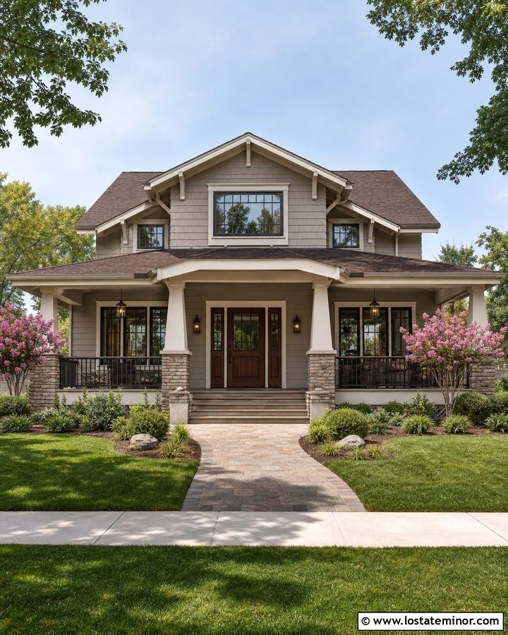 Taupe Craftsman House With Bronze Railings - 30 Taupe House Design With Railings Ideas
