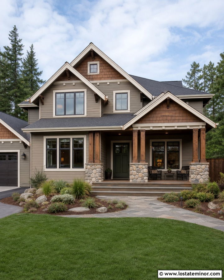 Taupe Craftsman House With Cedar And Stone - 30 Taupe House Design With Accents Ideas