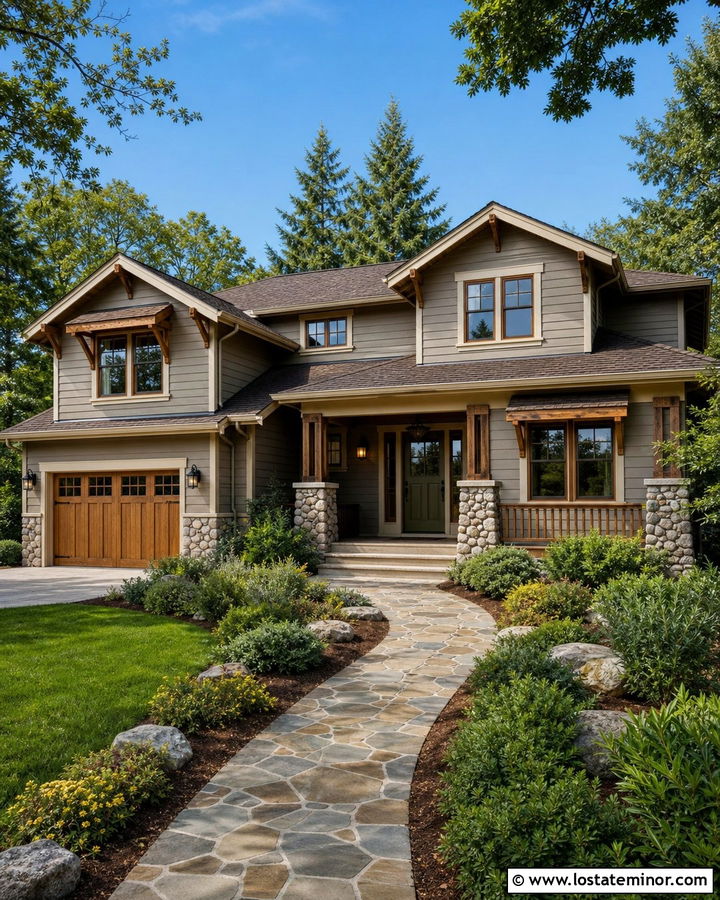 Taupe Craftsman House With Cedar Awnings - 30 Taupe House Design With Awning Ideas