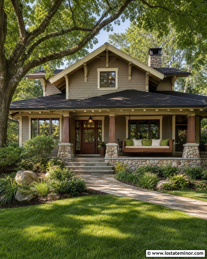 Taupe Craftsman House With Cedar Daybed - 30 Taupe House Design With Daybed Ideas