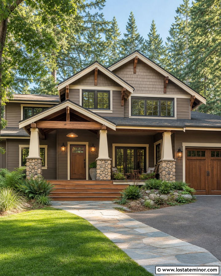 Taupe Craftsman House With Copper Pendant Lights - 30 Taupe House Design With Light Fixtures Ideas