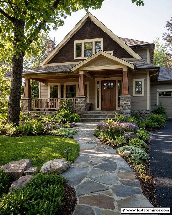 Taupe Craftsman House With Flagstone Walkway - 30 Taupe House Design With Walkway Ideas